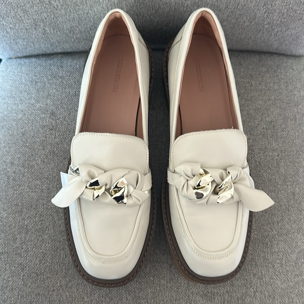 Nordstrom Cream Loafers with Silver Chain Detail